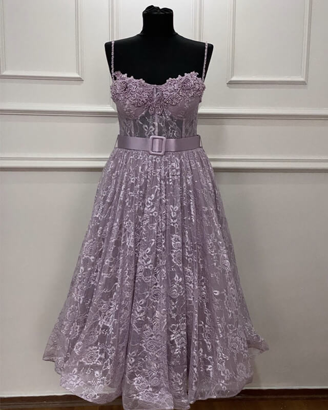 Mauve Lace Midi Prom Dress