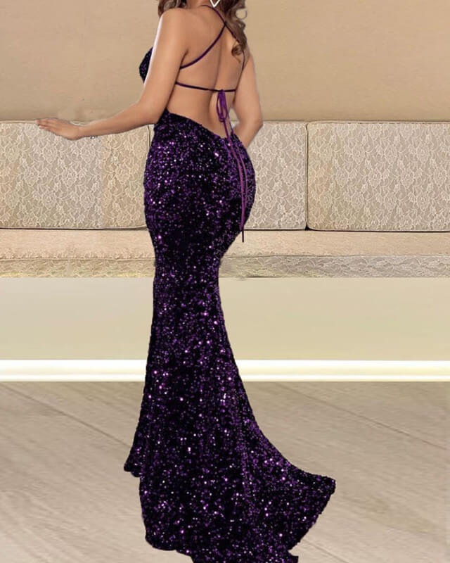 purple prom dress with sequins Purple Sequin Prom Dress Mermaid V Neck Lace-up Back – Lisposa