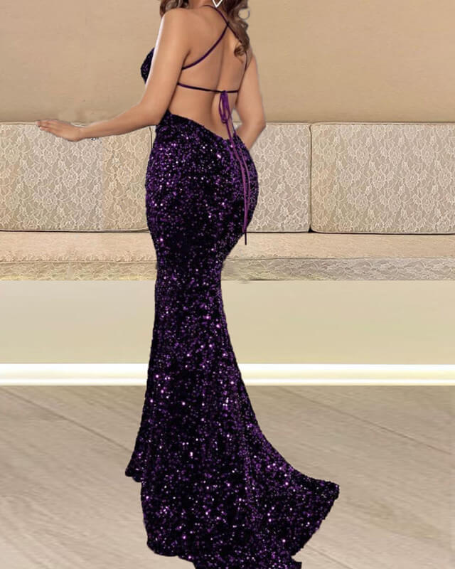 Lace-up Dress V Mermaid Sequin Neck Prom Purple Lisposa – Back