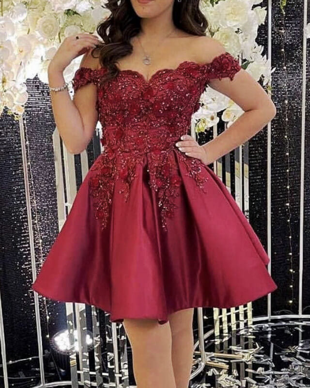 Burgundy Mini Prom Dress With 3D Lace Flowers