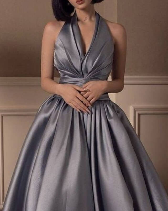 Silver Halter Ball Gown Satin Dress