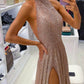 Rose Gold Halter Sparkly Dress With Slit