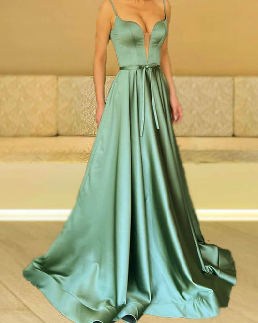 Sage Green Plunging Neck Satin Dress