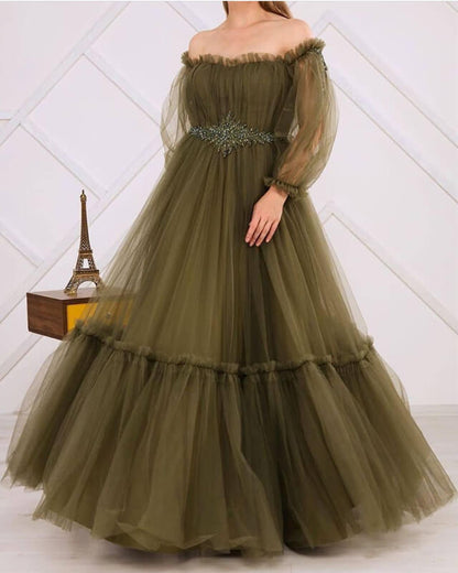 Olive Green Tulle Long Sleeve Off-Shoulder Dress