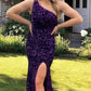 Mermaid Purple Sequin One Shoulder Slit Dress