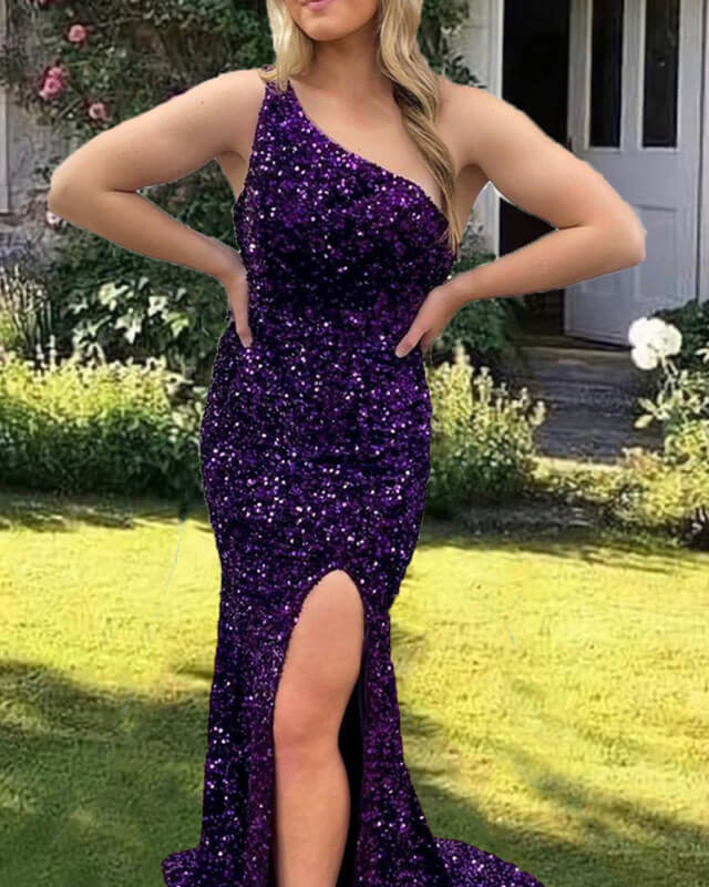 Mermaid Purple Sequin One Shoulder Slit Dress