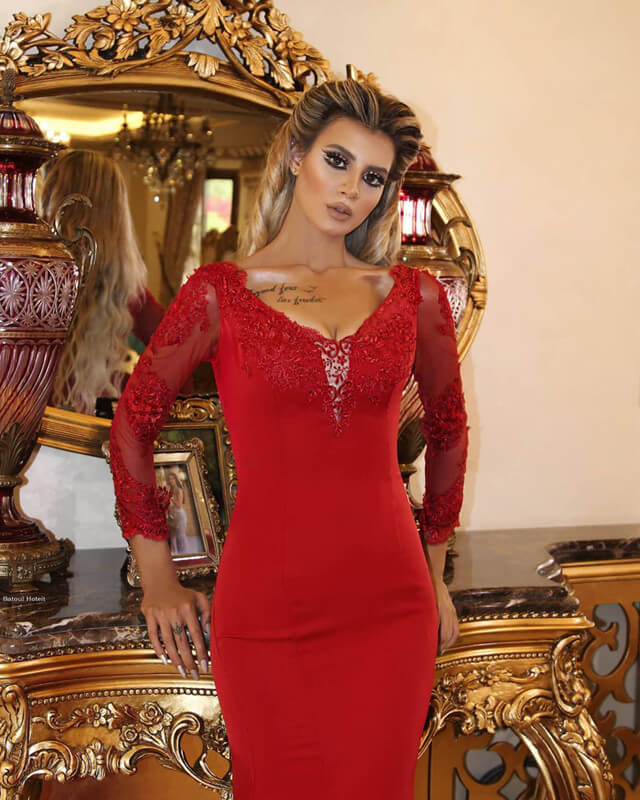 Mermaid Red Satin Dress With Lace Sleeve