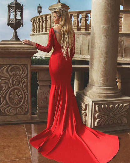 Mermaid Red Satin Dress With Lace Sleeve Lisposa Mermaid Red Satin Dress With Lace Sleeve Lisposa