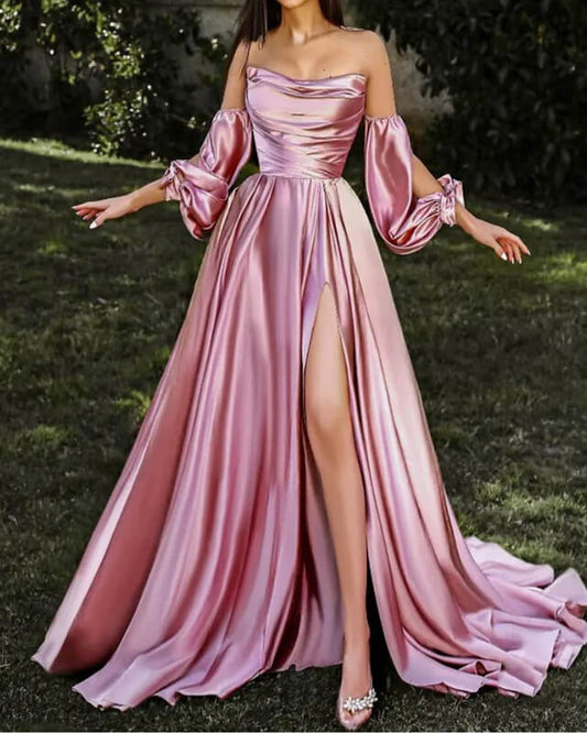 Long Strapless Removable Satin Dress With Slit