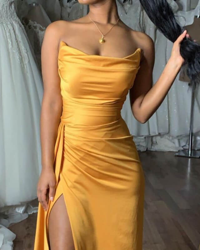 Mermaid Gold Strapless Slit Prom Dress