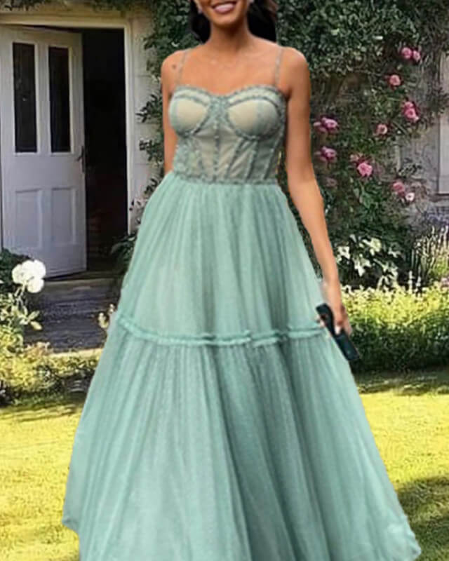 Sage Tulle Sweetheart Corset Dress