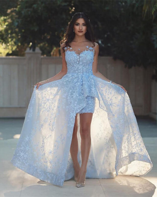 Blue Lace Sheath Split Dress