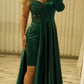Green One Sleeve Sheath Satin Applique Dress