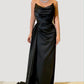 Long Black Ruched Satin Split Dress