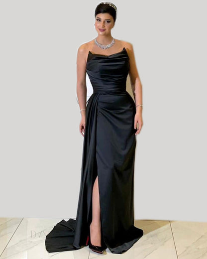 Long Black Ruched Satin Split Dress