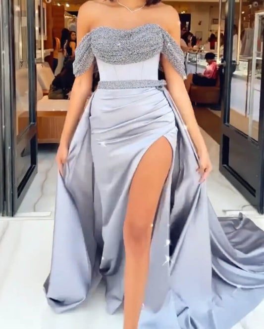 Mermaid Silver Satin Off Shoulder Slit Dress