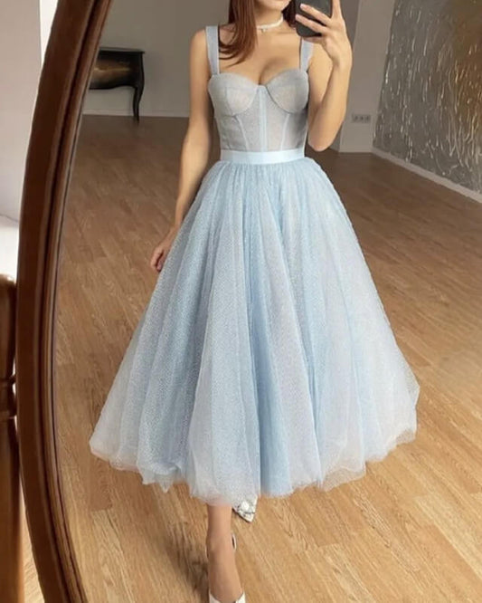 Baby Blue Tulle Midi Prom Dresses