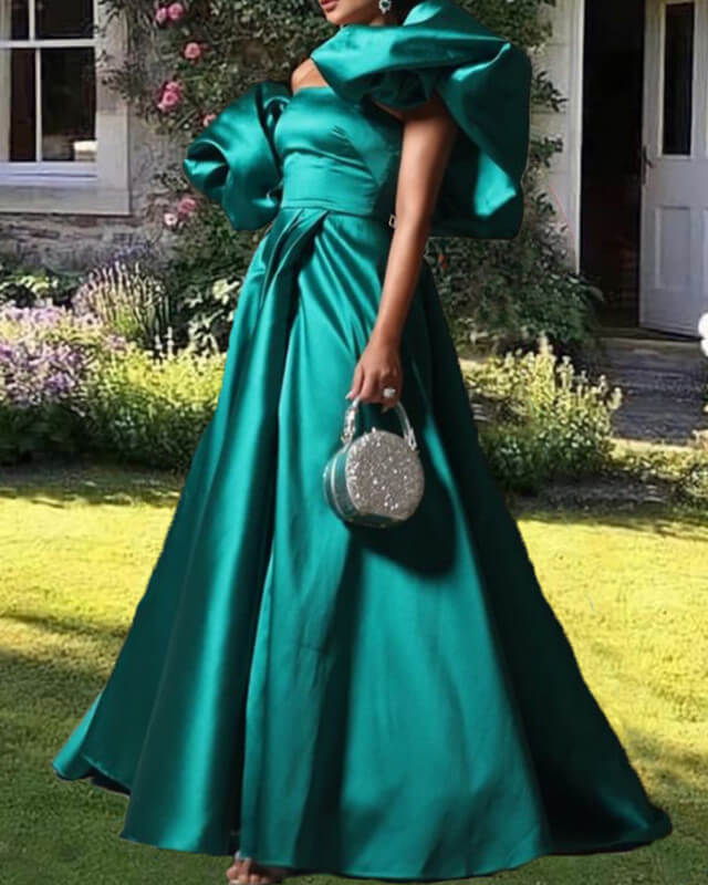 Puffy Sleeves Satin Ball Gown Dress