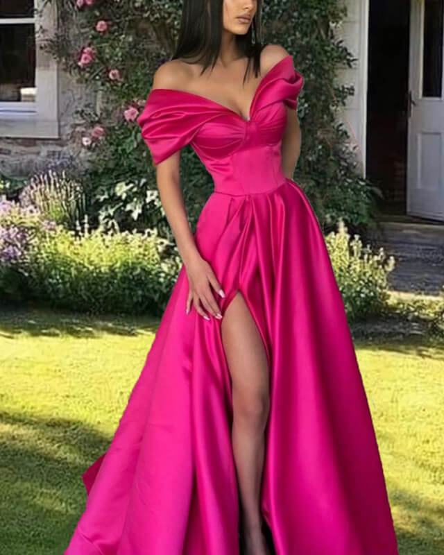 Hot Pink Satin Off Shoulder Dress With Slit