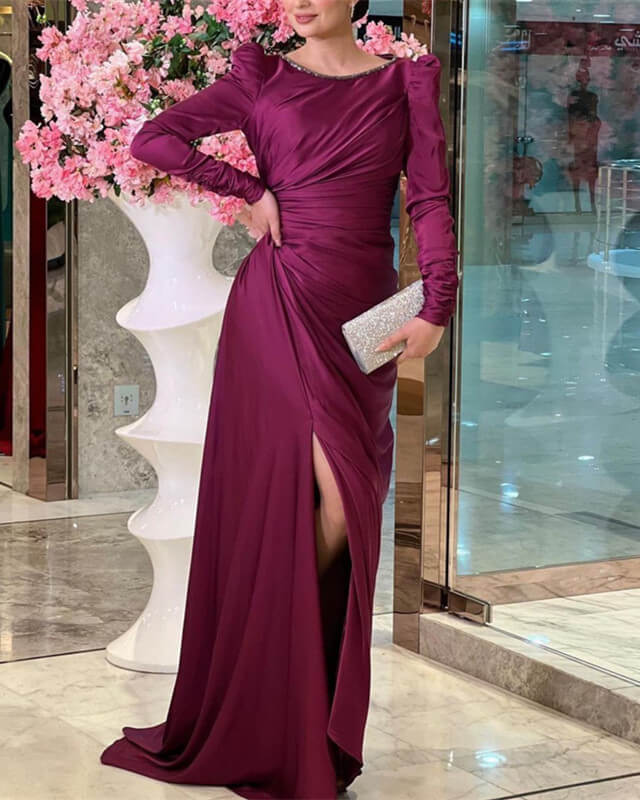 Burgundy Mermaid Satin Long Sleeve Dress