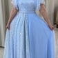 Modest Blue Tulle Puffy Sleeve Prom Dress