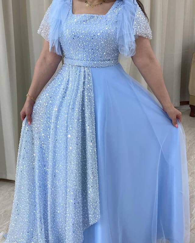 Modest Blue Tulle Puffy Sleeve Prom Dress