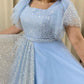 Modest Blue Tulle Puffy Sleeve Prom Dress