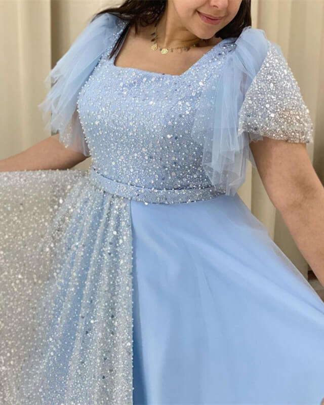 Modest Blue Tulle Puffy Sleeve Prom Dress