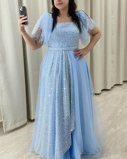 Modest Blue Tulle Puffy Sleeve Prom Dress