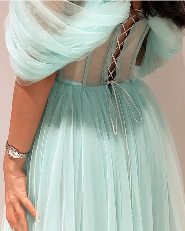 A-line Off Shoulder Tulle Corset Back Dress