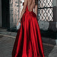 Long Red V-neck Open Back Satin Dress