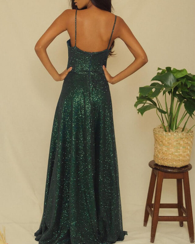 Long Green Sparkly Dress Strapless Open Back