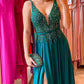 Green Chiffon V-neck Appliques Split Dress