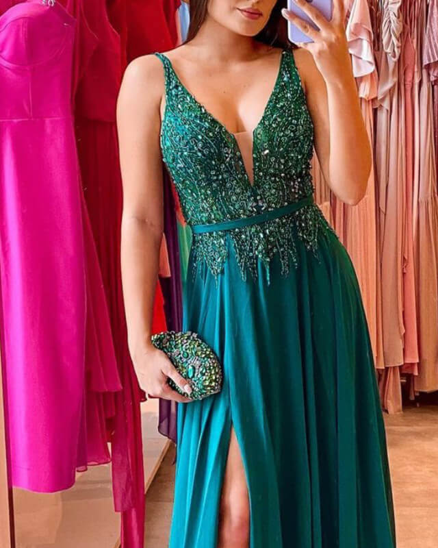Green Chiffon V-neck Appliques Split Dress