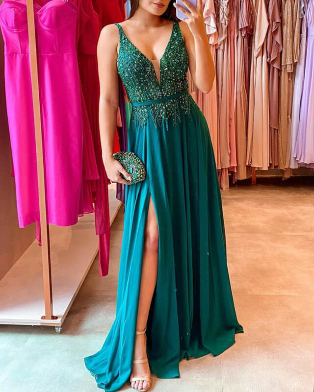 Green Chiffon V-neck Appliques Split Dress