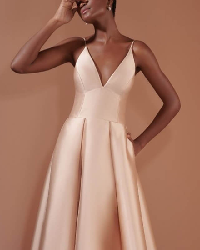 Blush Satin V-neck Floor Length Dress With Pocktes