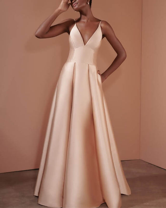 Blush Satin V-neck Floor Length Dress With Pocktes