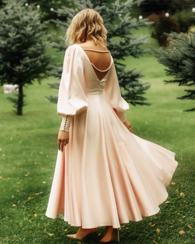 A-line Long Sleeve Midi Satin Dress