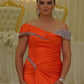 Mermaid Orange Satin Off Shoulder Beaded Dress