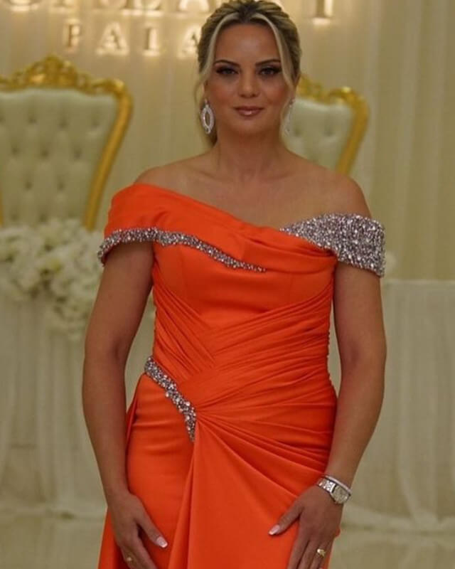 Mermaid Orange Satin Off Shoulder Beaded Dress