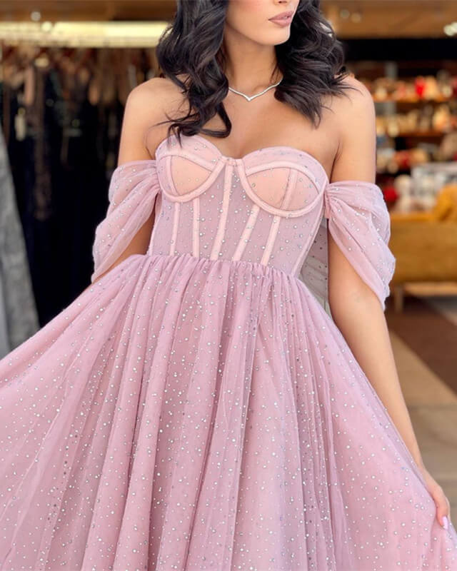 Pink Beaded Tulle Corset Midi Dress