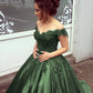 Olive Green Satin Ball Gown With 3D Lace Flowers