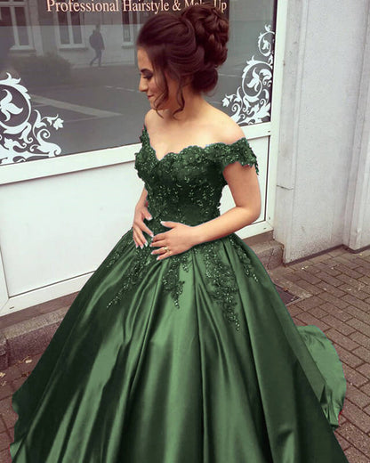 Olive Green Satin Ball Gown With 3D Lace Flowers Lisposa Olive Green Satin Ball Gown With 3D Lace Flowers Lisposa