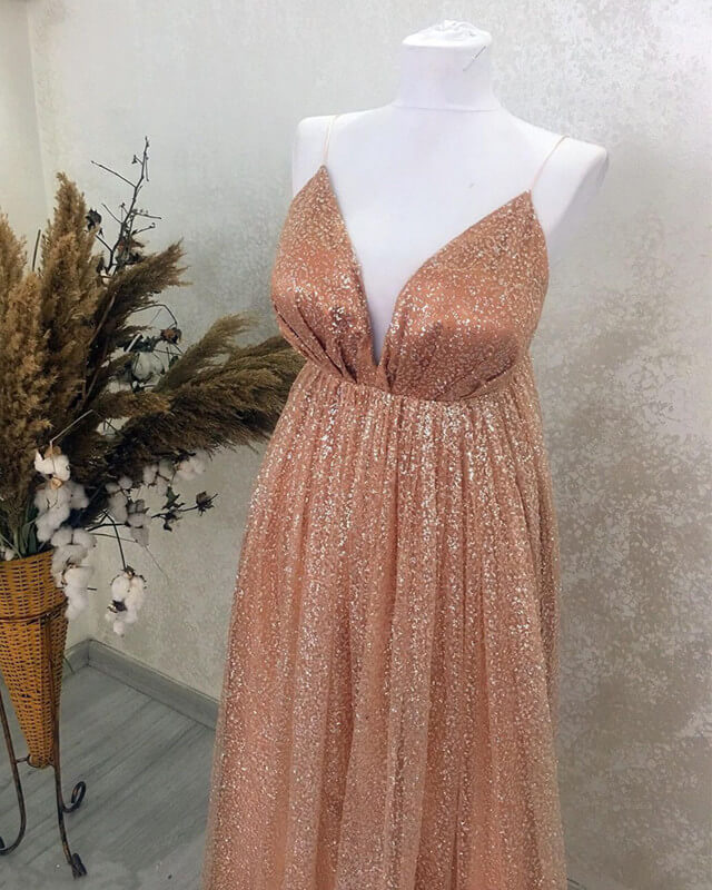 Sparkly A-line Plunging Neck Open Back Dress