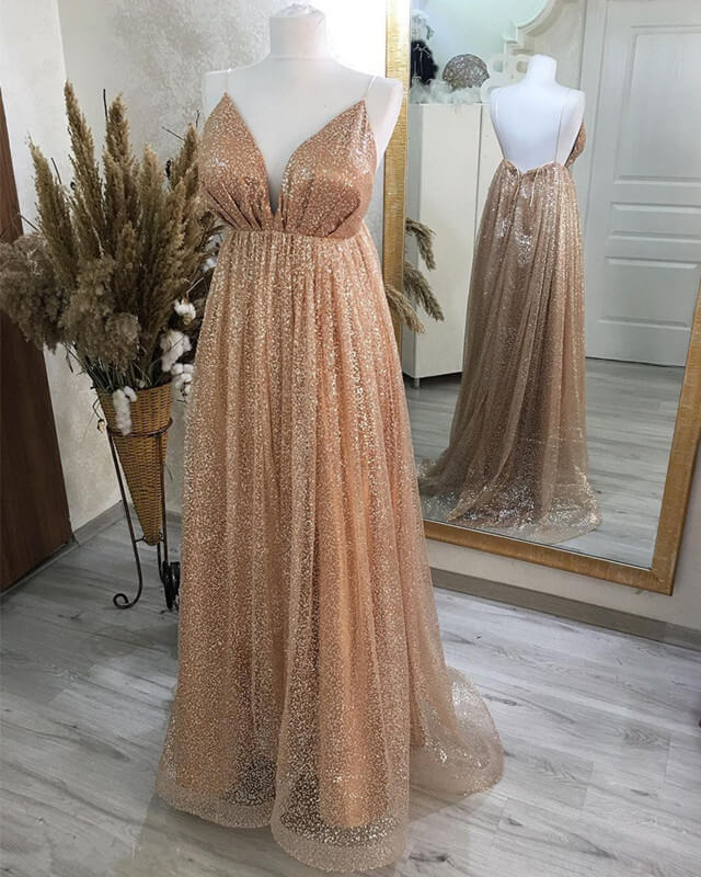 Sparkly A-line Plunging Neck Open Back Dress