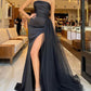 Long Black Strapless Split Dress