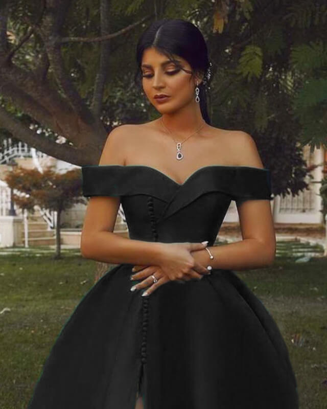 black satin off the shoulder dress Long Black Satin Off Shoulder Split Dress – Lisposa