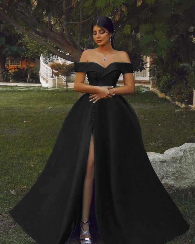 Long Black Satin Off Shoulder Split Dress