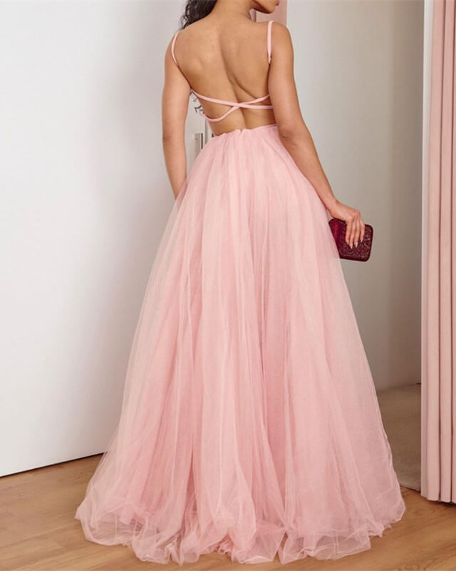 Long Pink Tulle Corset Top Dress