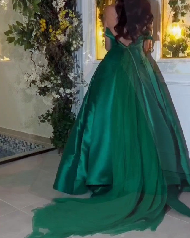 Emerald Satin Strapless Ball Gown Dress